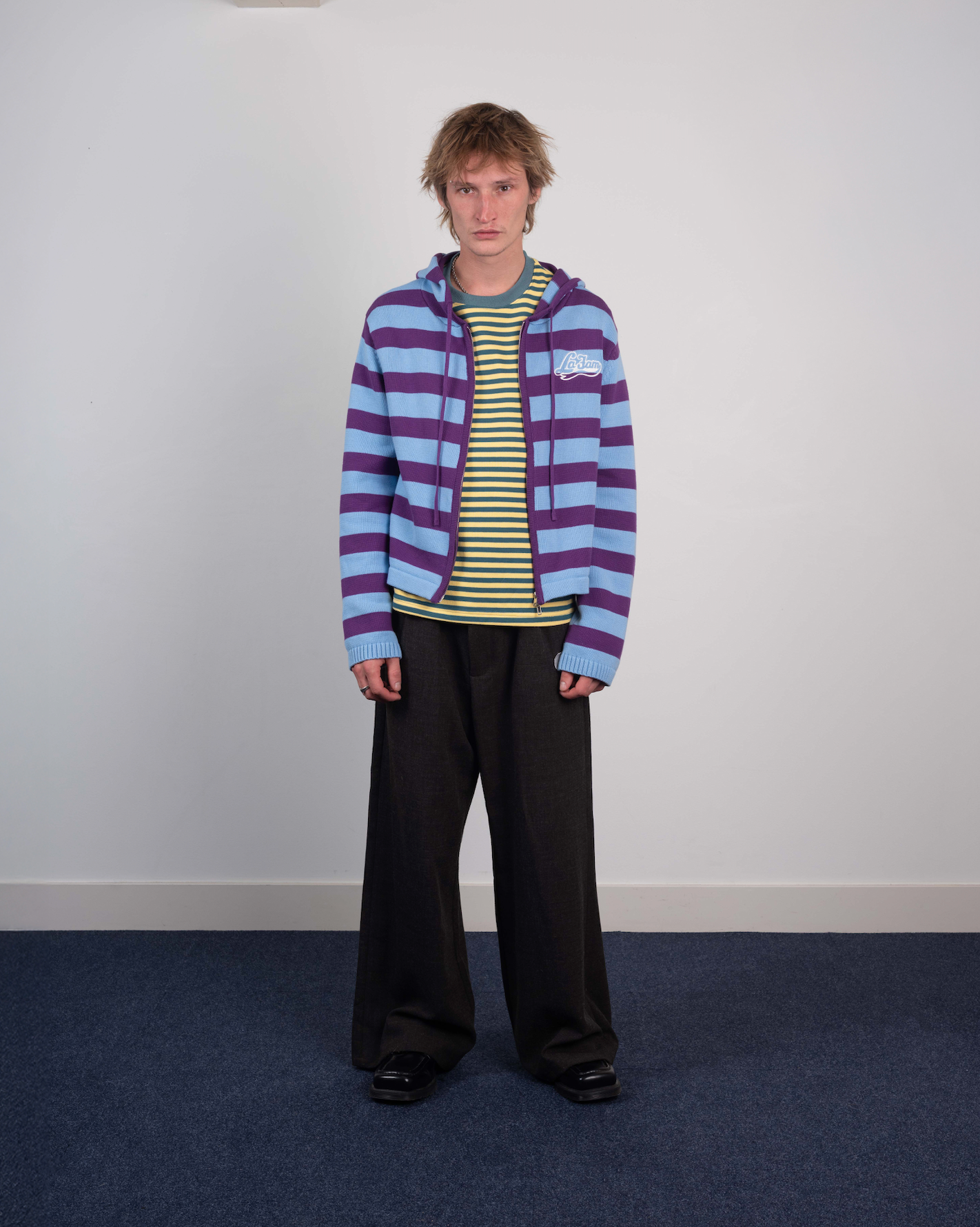 knit striped hoodie baby blue/purple – La Fam