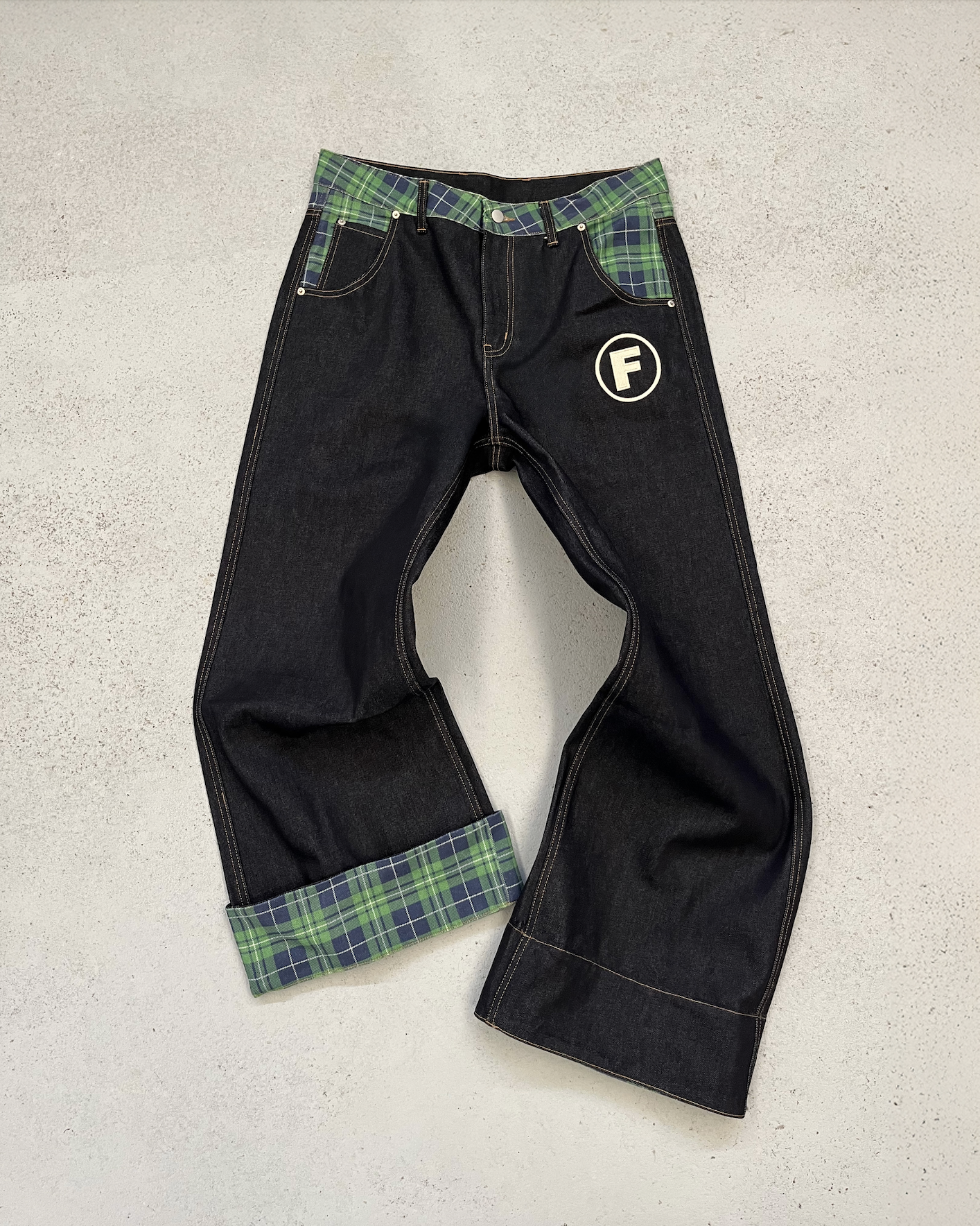 Checkered F denim jeans