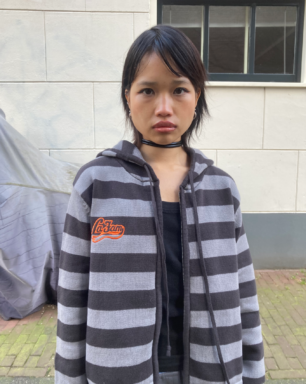 knit striped hoodie grey/black – La Fam