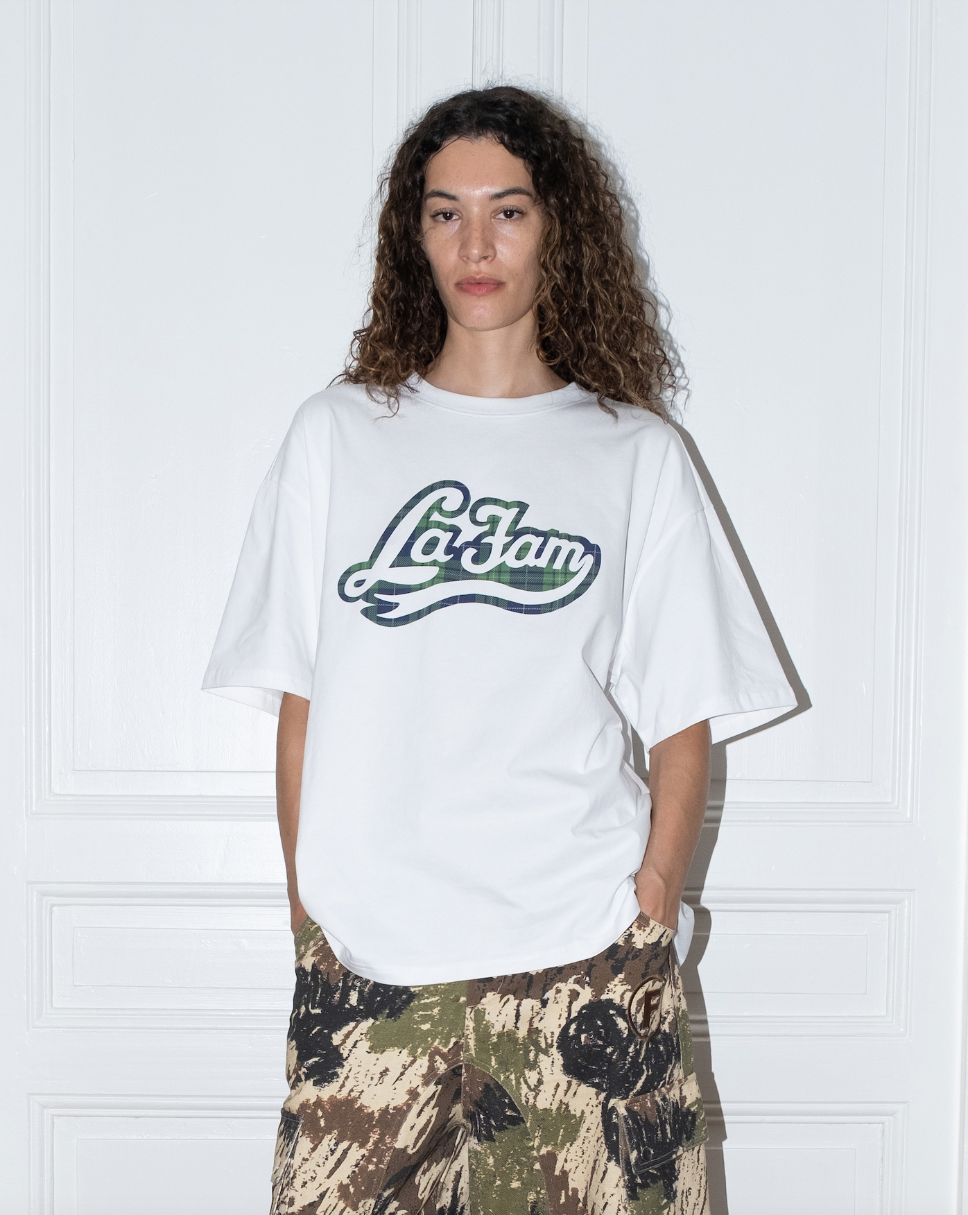 white checkered logo tee