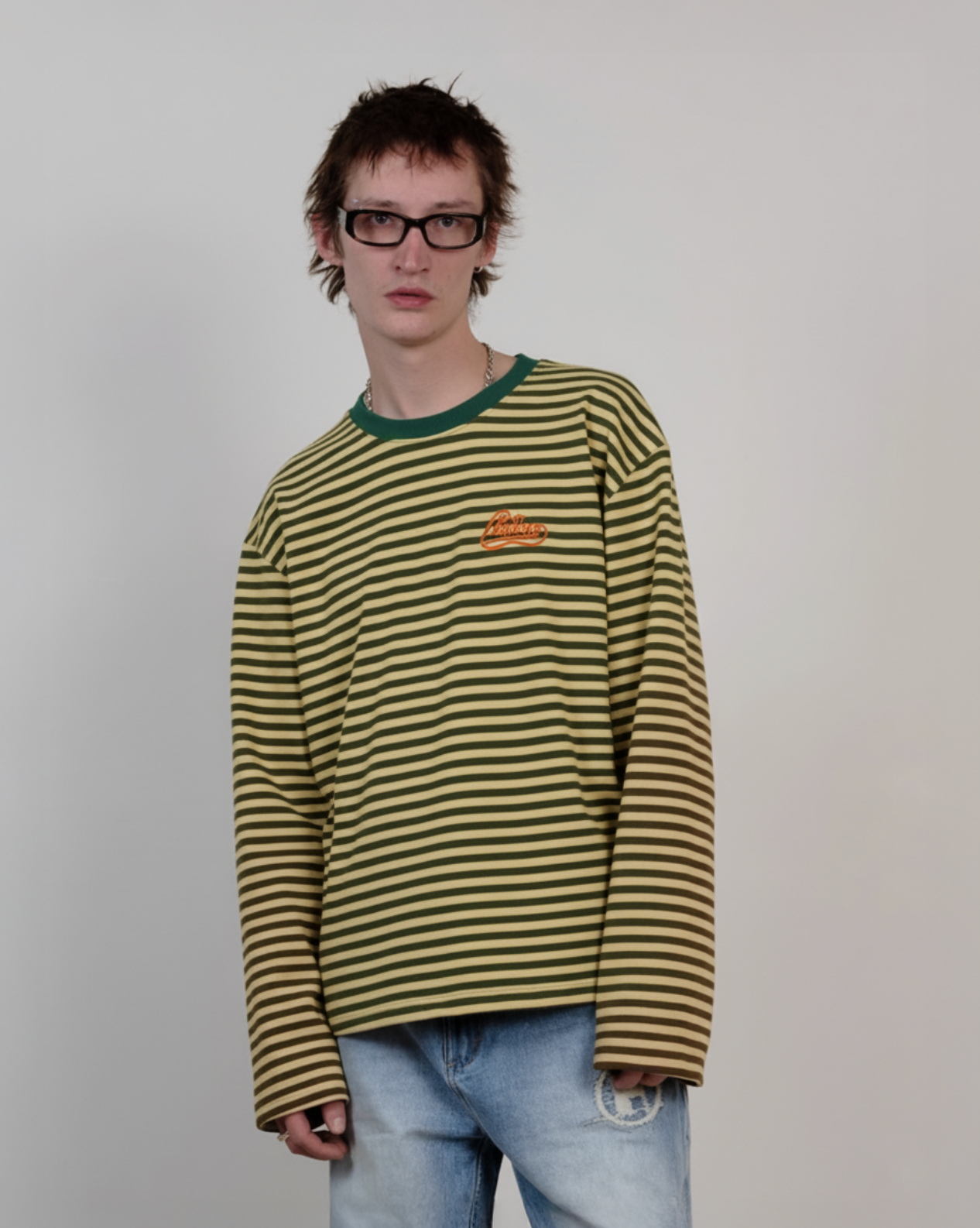 striped college logo longsleeve green/yellow