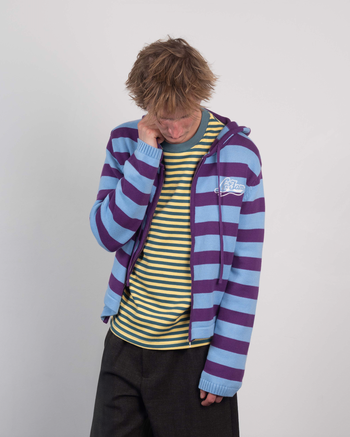 knit striped hoodie baby blue/purple – La Fam