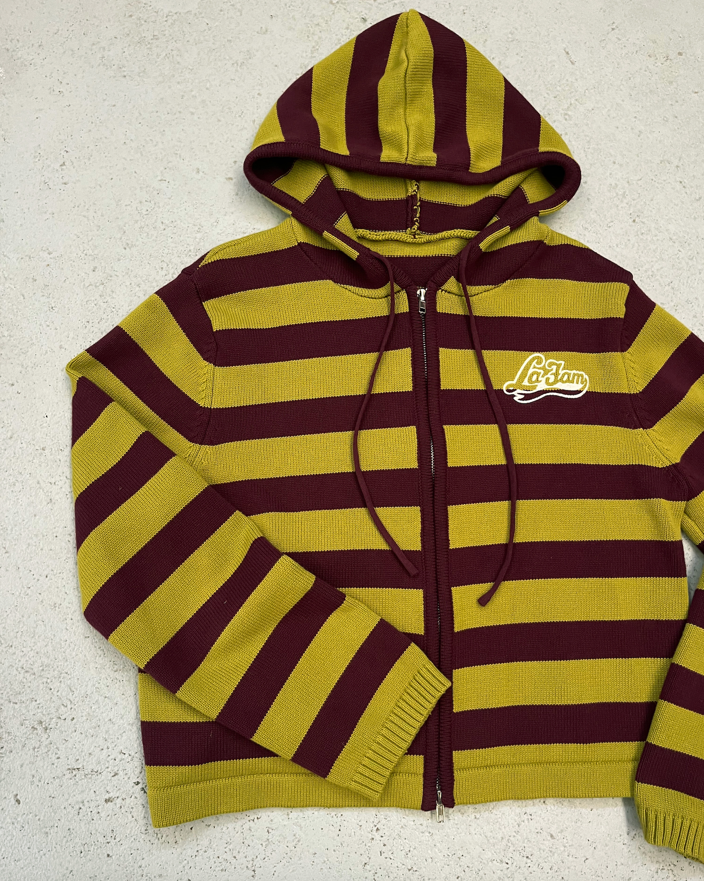 knit striped hoodie green/burgundy – La Fam