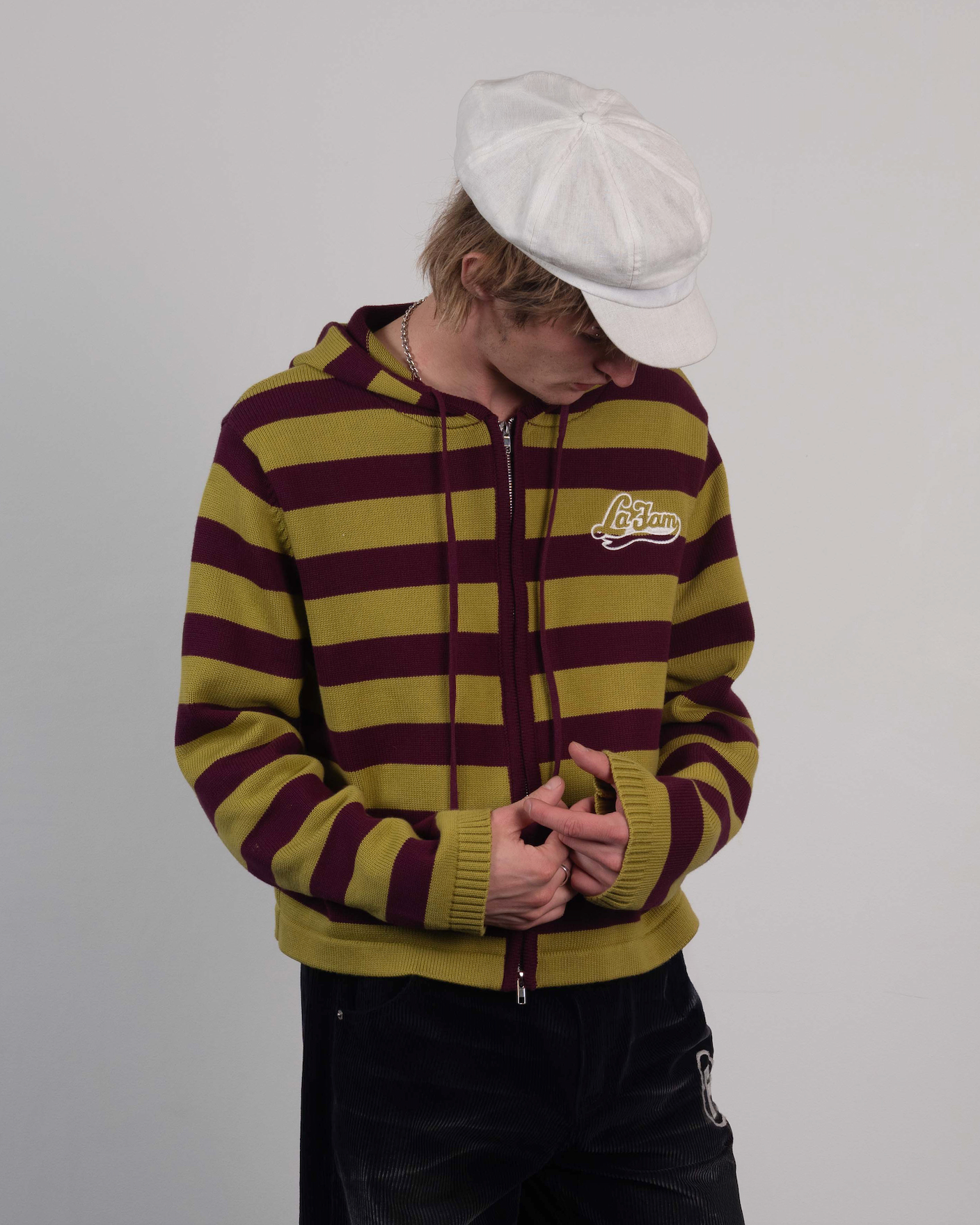 knit striped hoodie green/burgundy