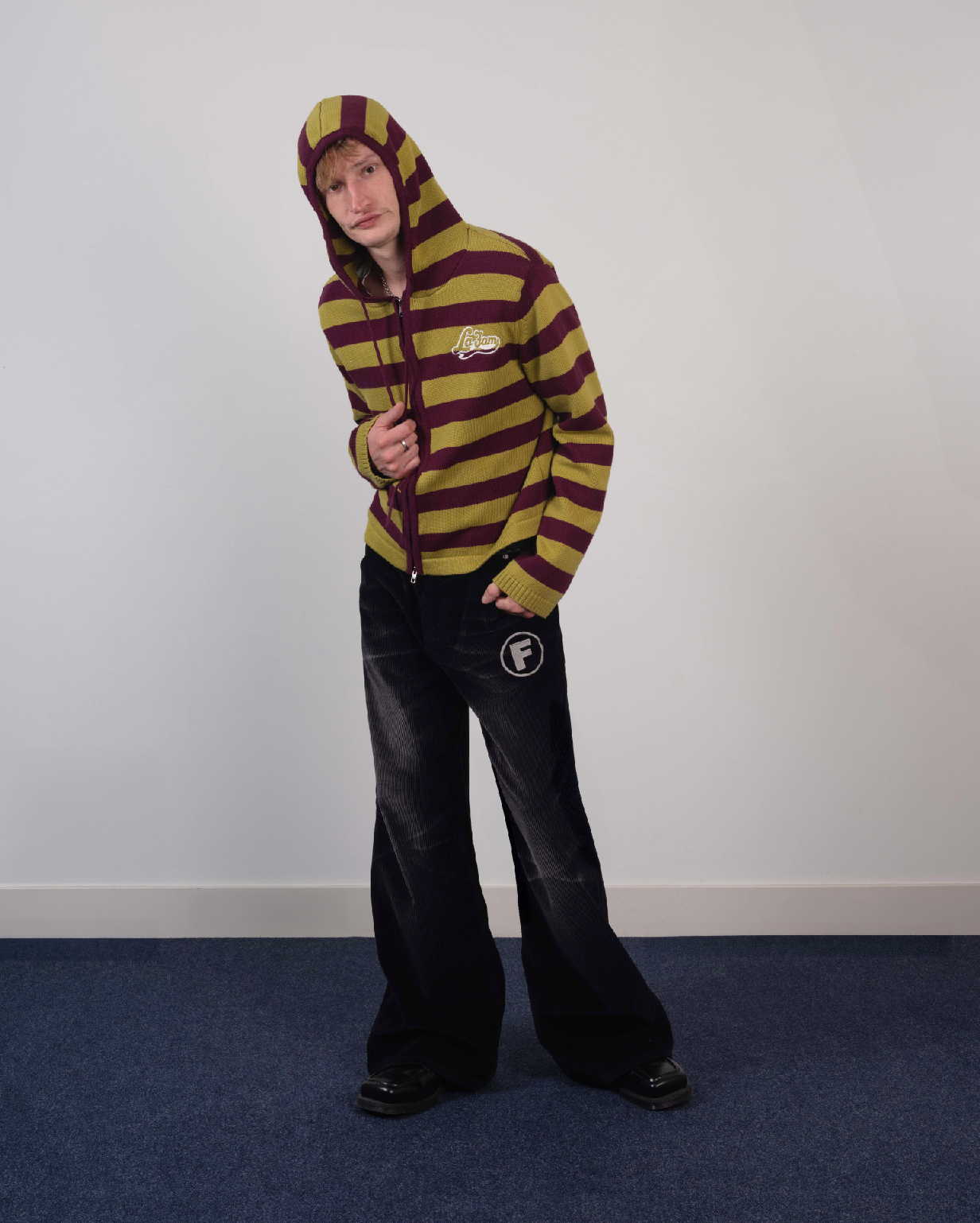 knit striped hoodie green/burgundy