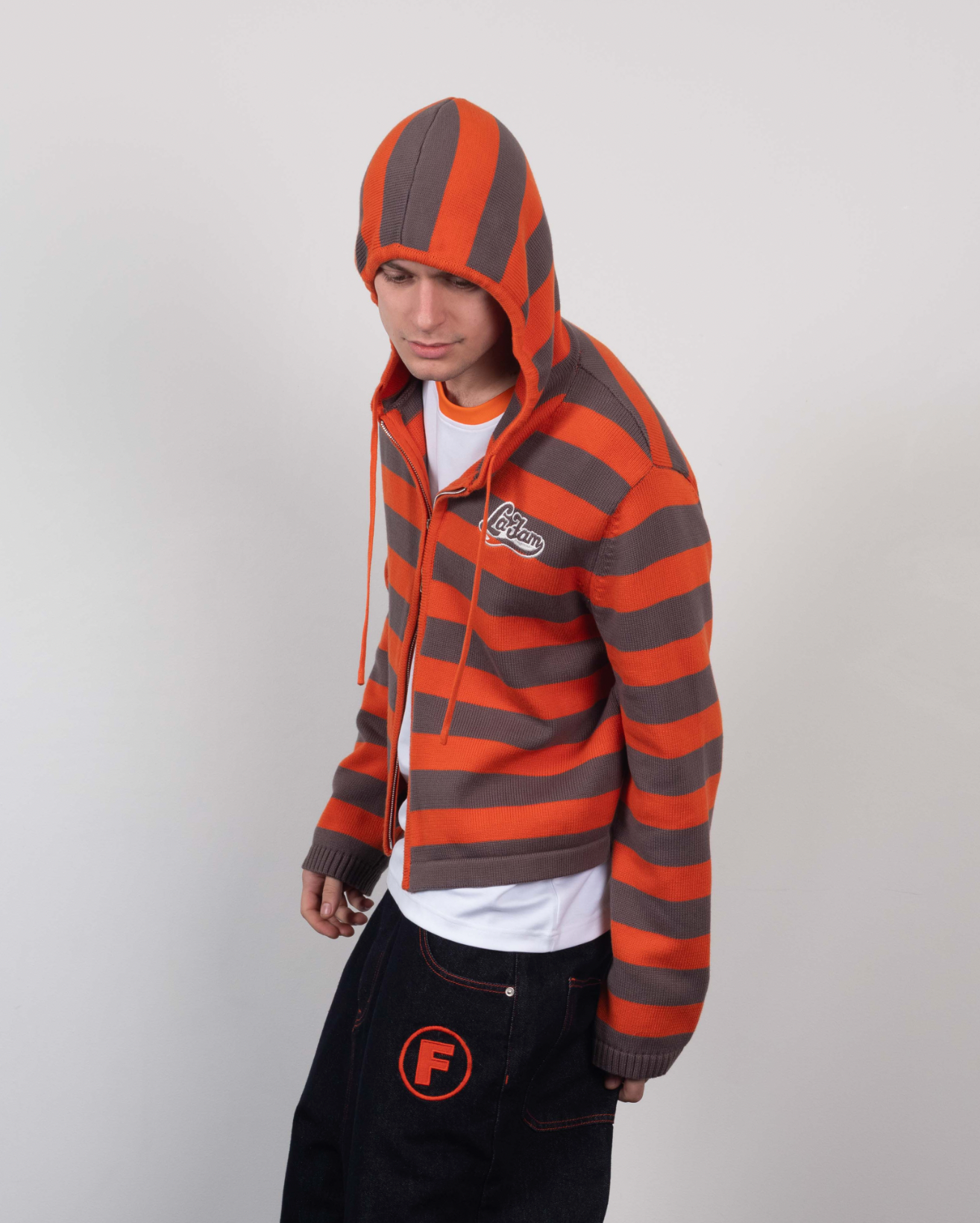 Knit striped hoodie orange /grey – La Fam
