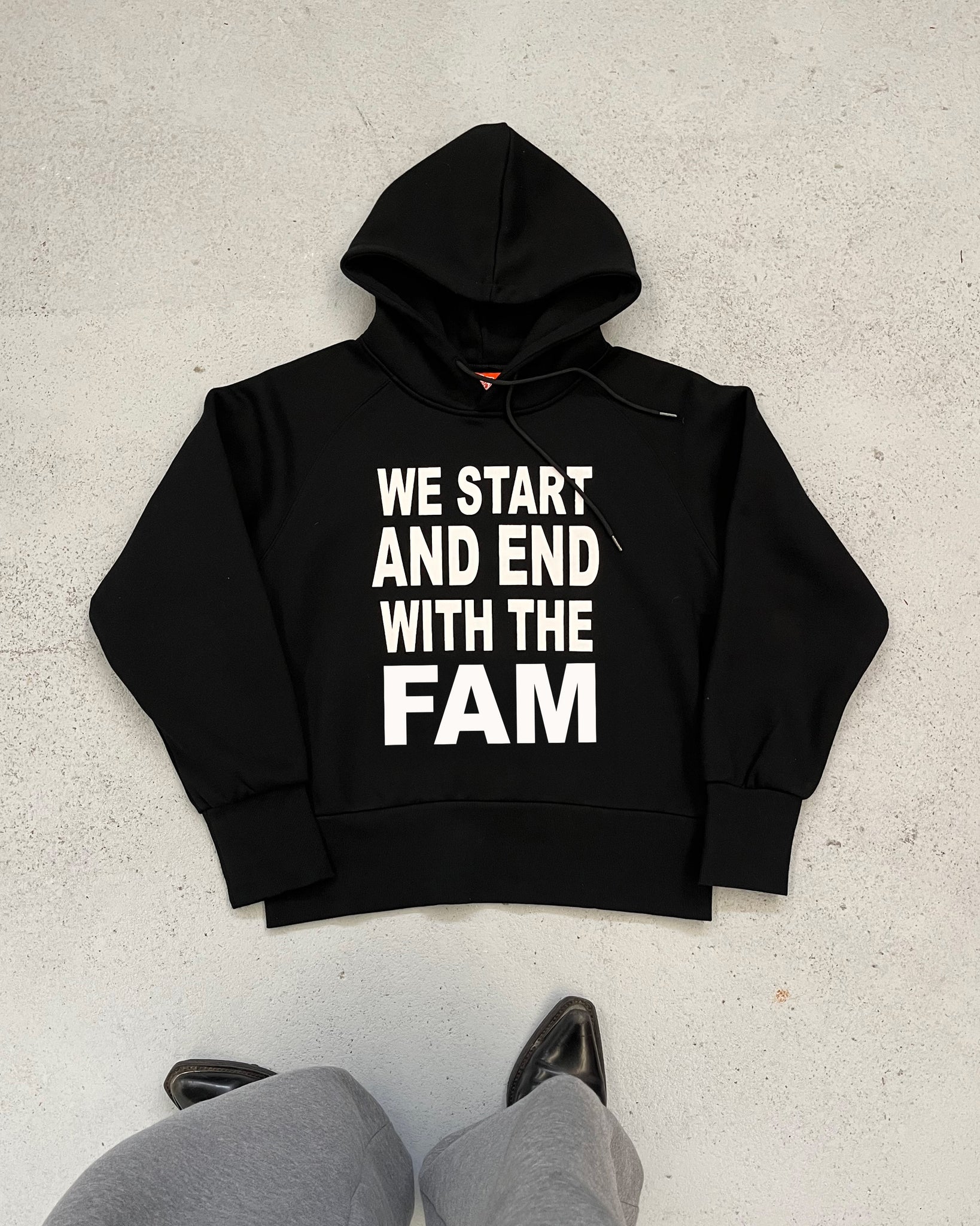 we start and end with the fam hoodie black