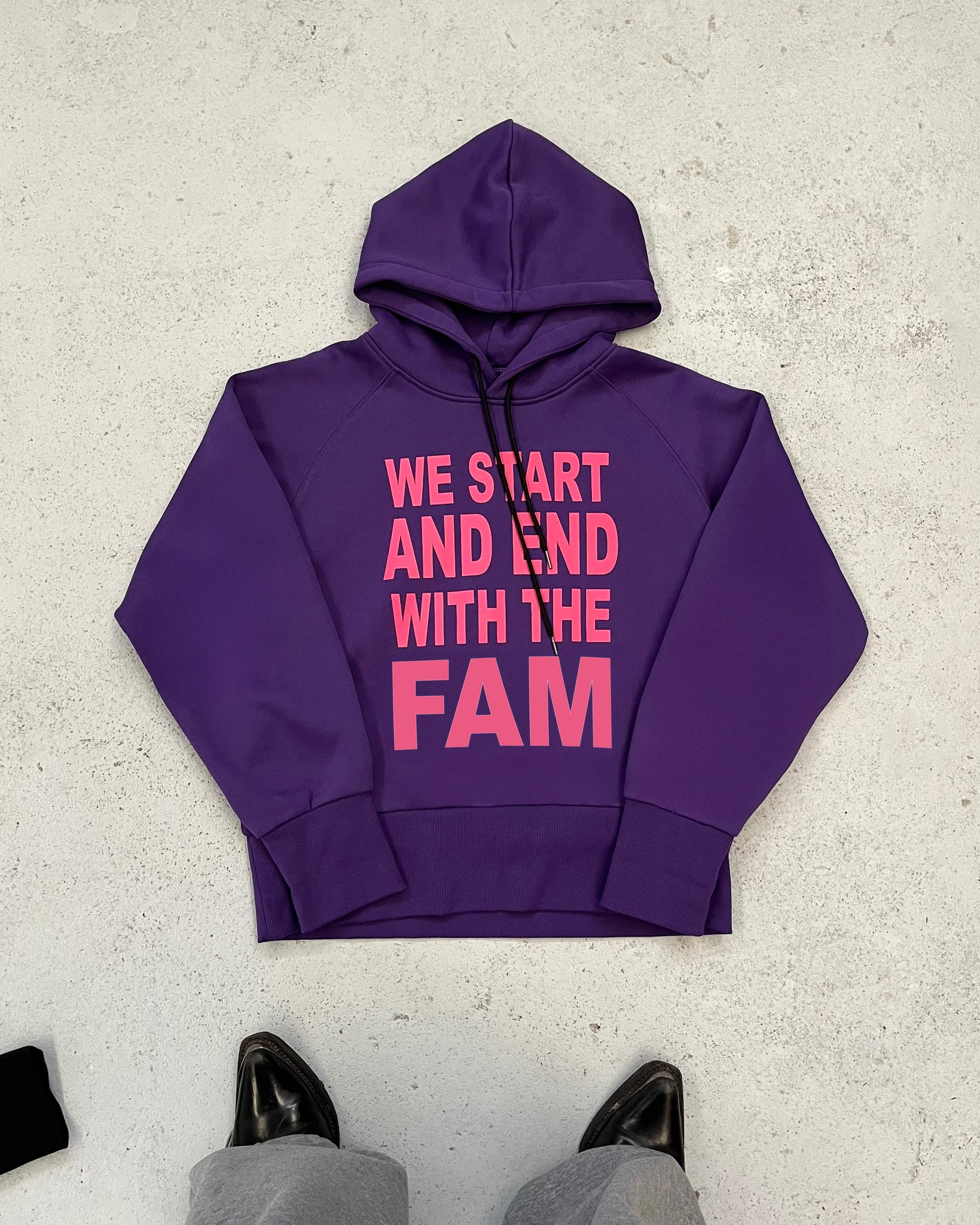 we start and end with the fam hoodie purple
