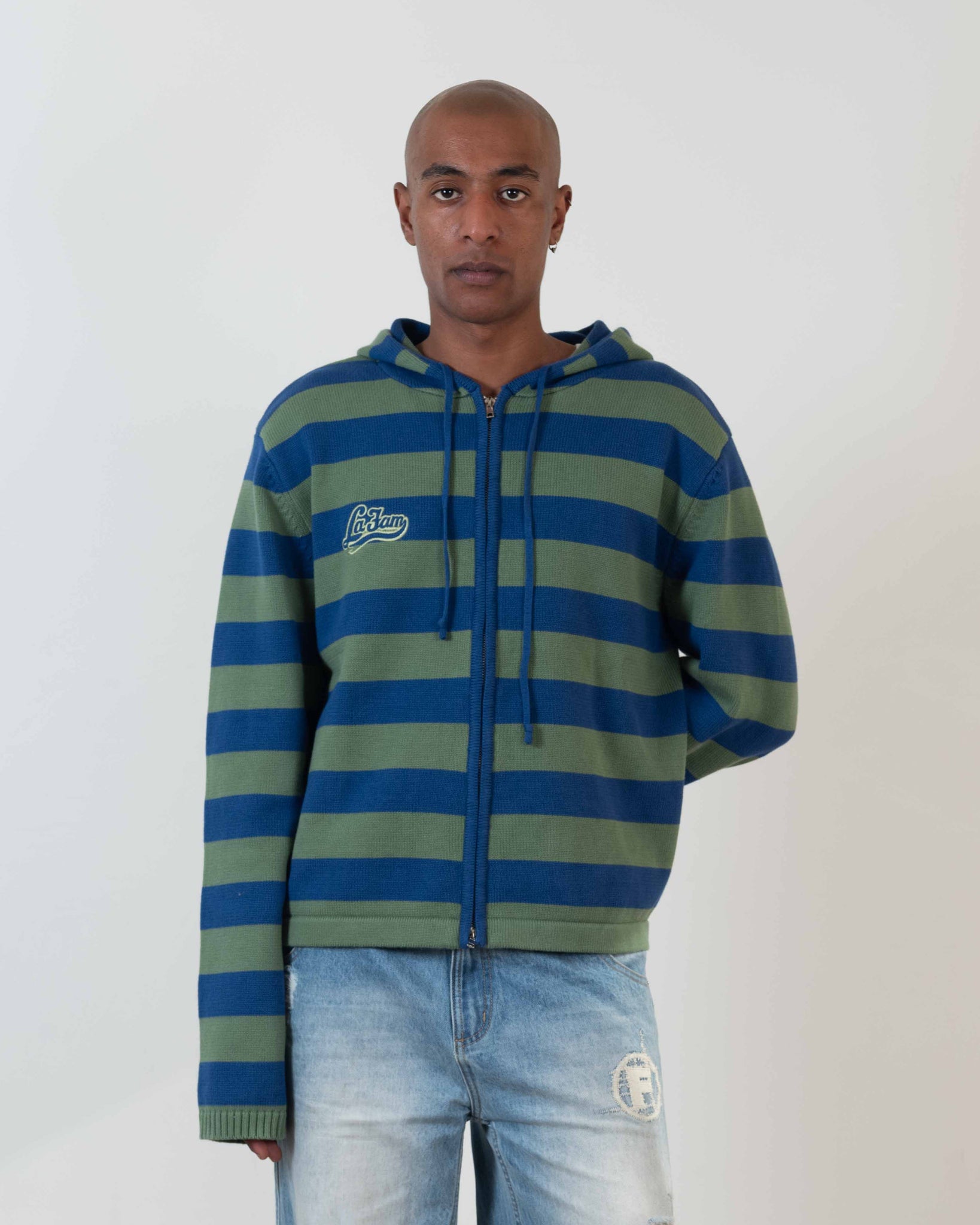 knit striped hoodie green/blue